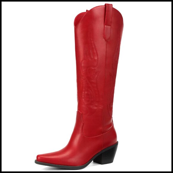 Knee High Wide Calf Cowboy Boots Slip On Pointed Toe Chunky Heel Retro